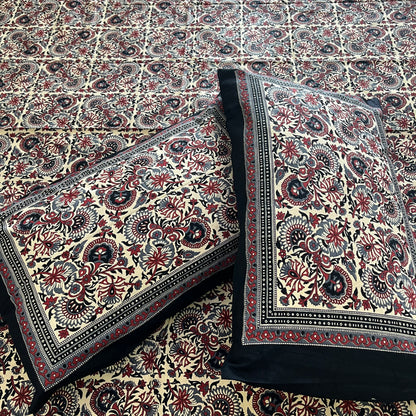 Black floral Kalamkari Bedsheet with 2 Pillow covers