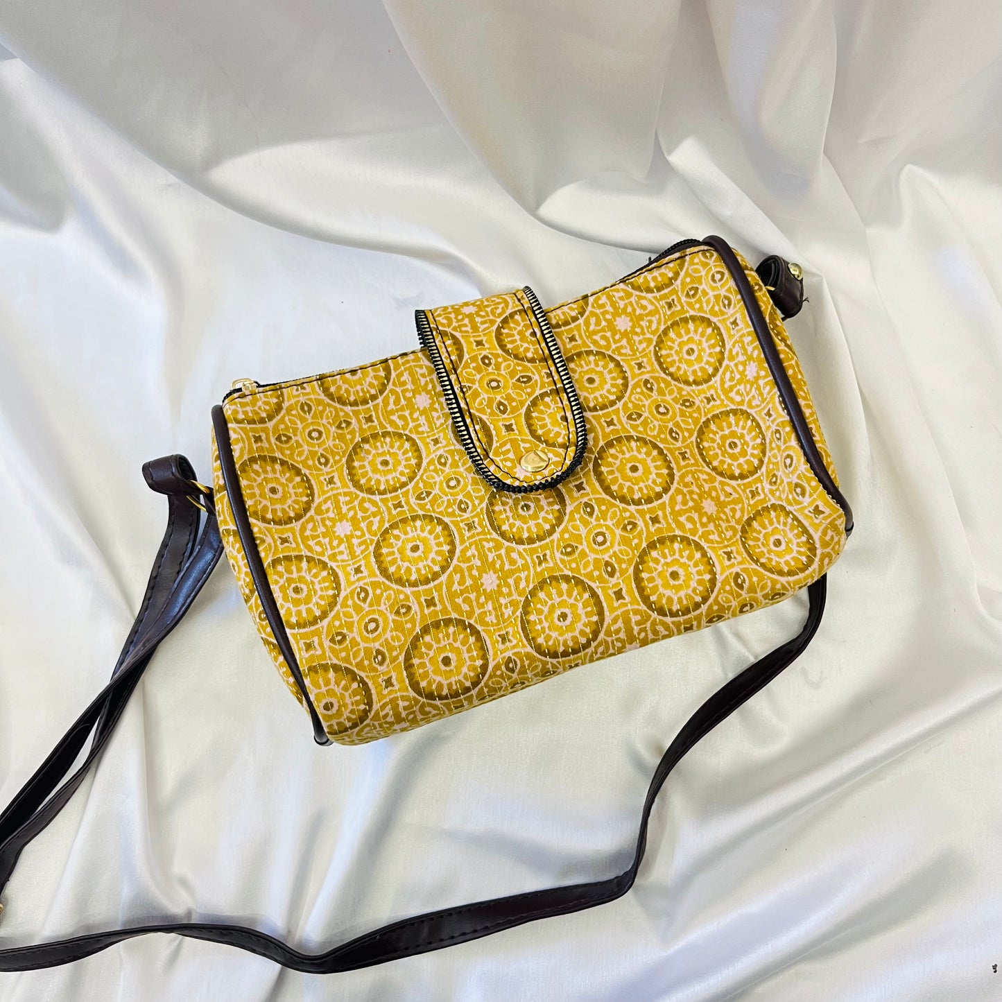 Boho Charm Yellow Handblock Printed Sling Bag