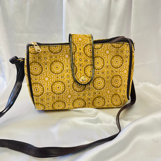 Boho Charm Yellow Handblock Printed Sling Bag