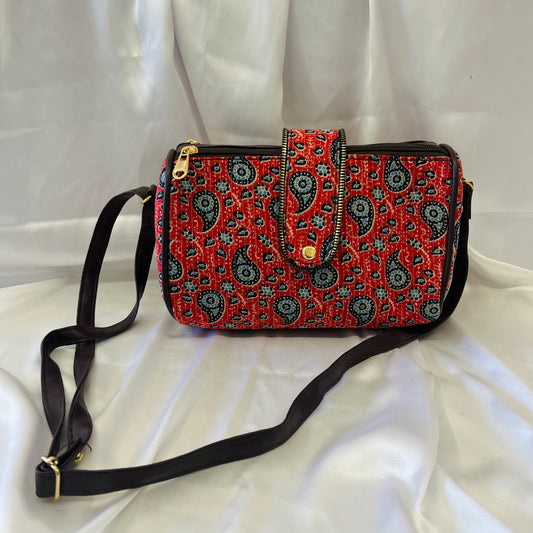 Red Abstract Handblock Printed Sling Bag