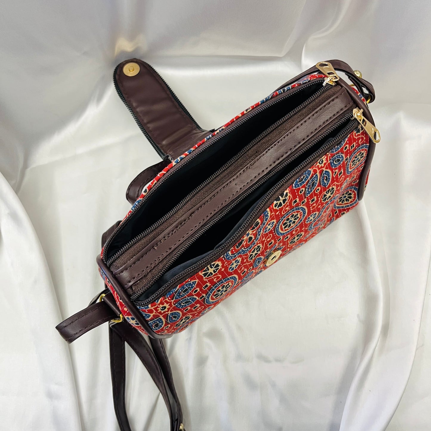 Red Floral Geometric Handblock Printed Sling Bag