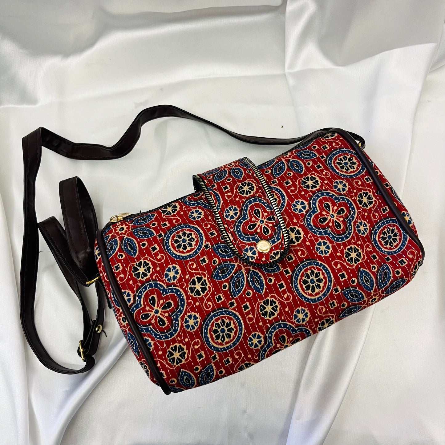 Red Floral Geometric Handblock Printed Sling Bag