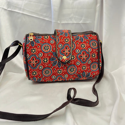Red Floral Geometric Handblock Printed Sling Bag