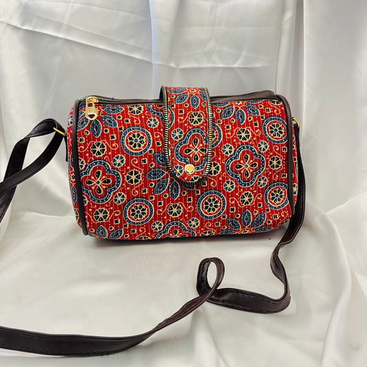 Red Floral Geometric Handblock Printed Sling Bag