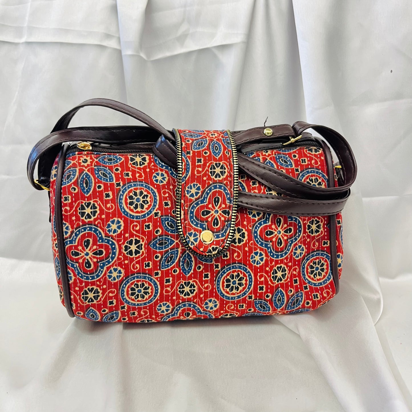 Red Floral Geometric Handblock Printed Sling Bag