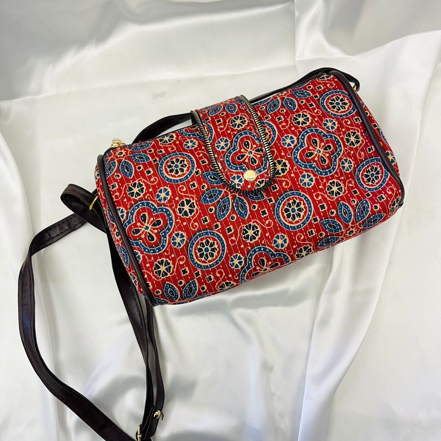 Red Floral Geometric Handblock Printed Sling Bag