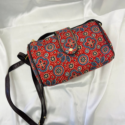Red Floral Geometric Handblock Printed Sling Bag