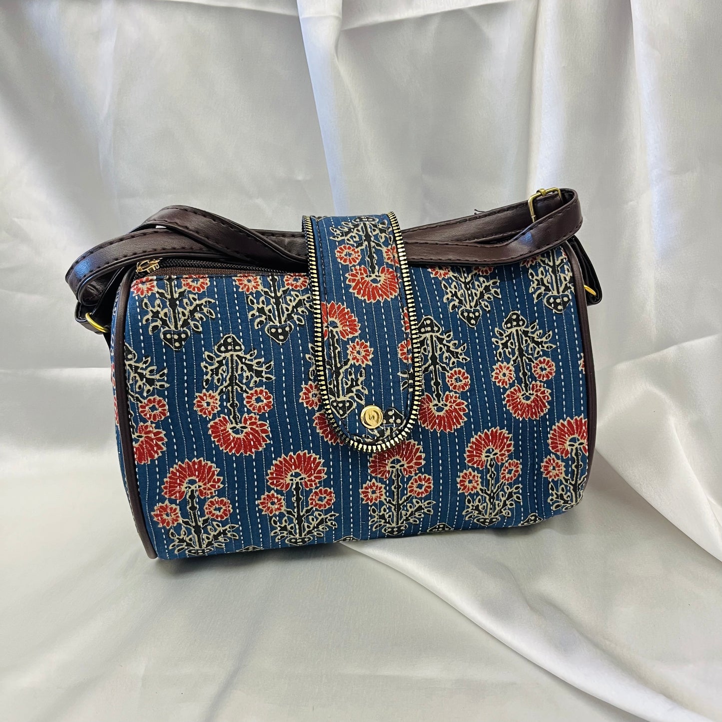 Blue & Red Floral Handblock Sling Bag