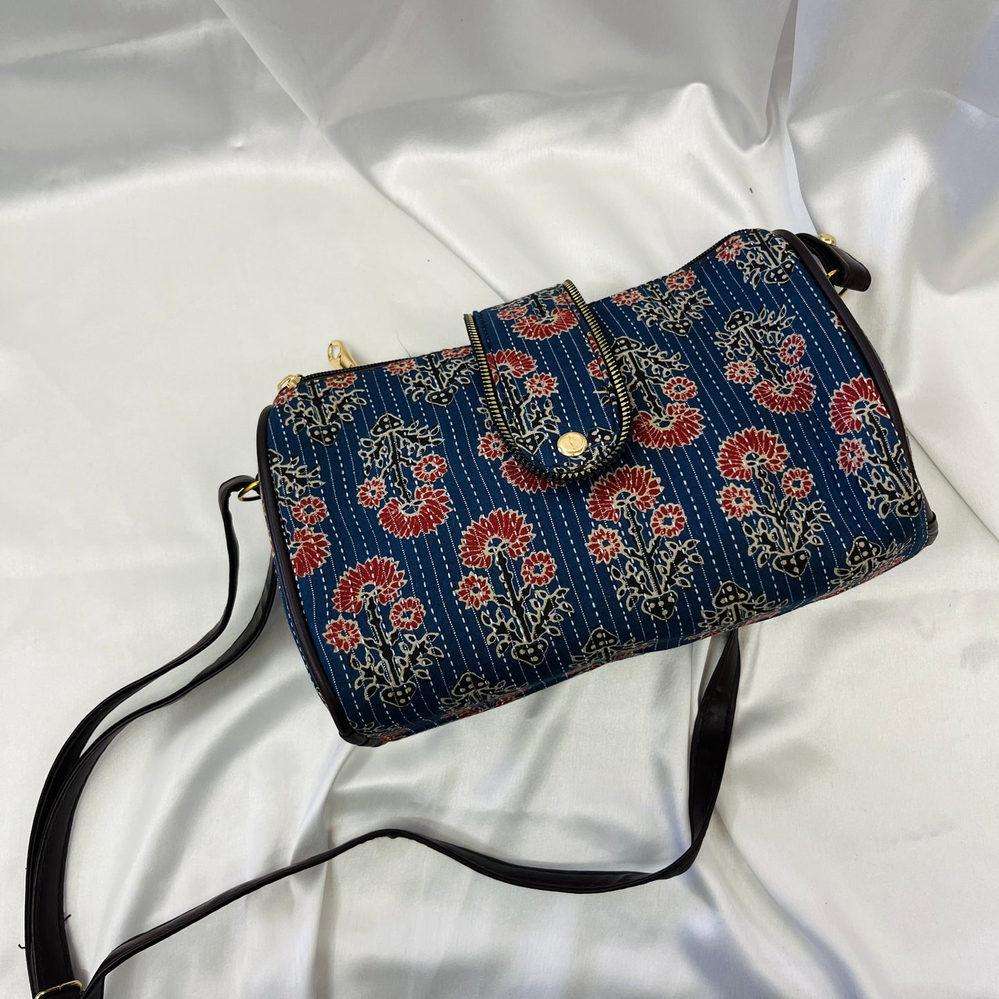 Blue & Red Floral Handblock Sling Bag