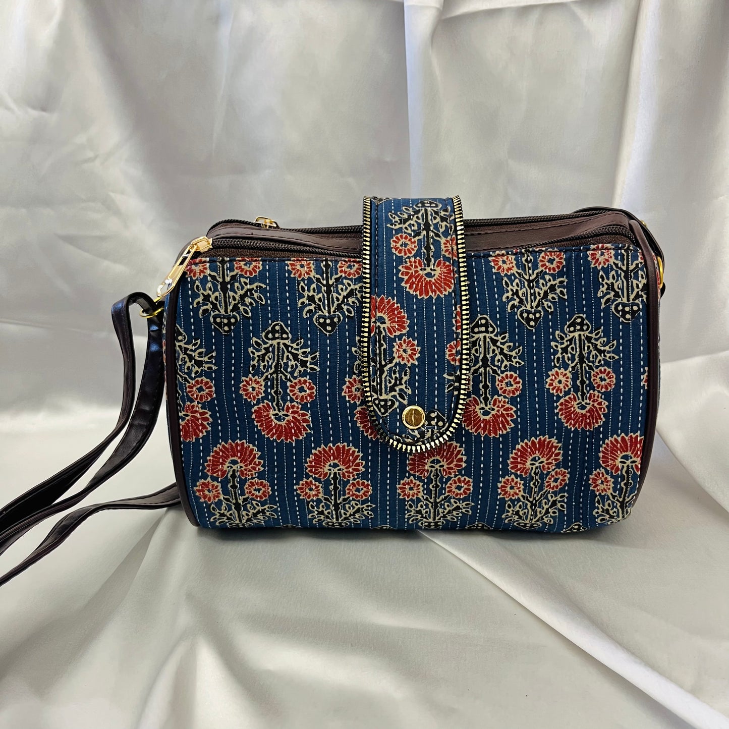 Blue & Red Floral Handblock Sling Bag