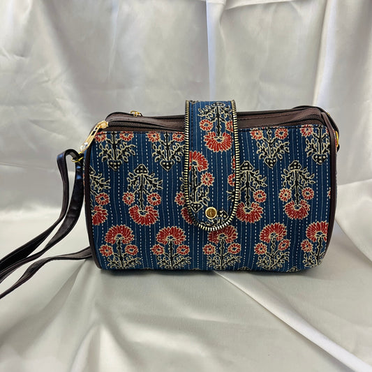 Blue & Red Floral Handblock Sling Bag
