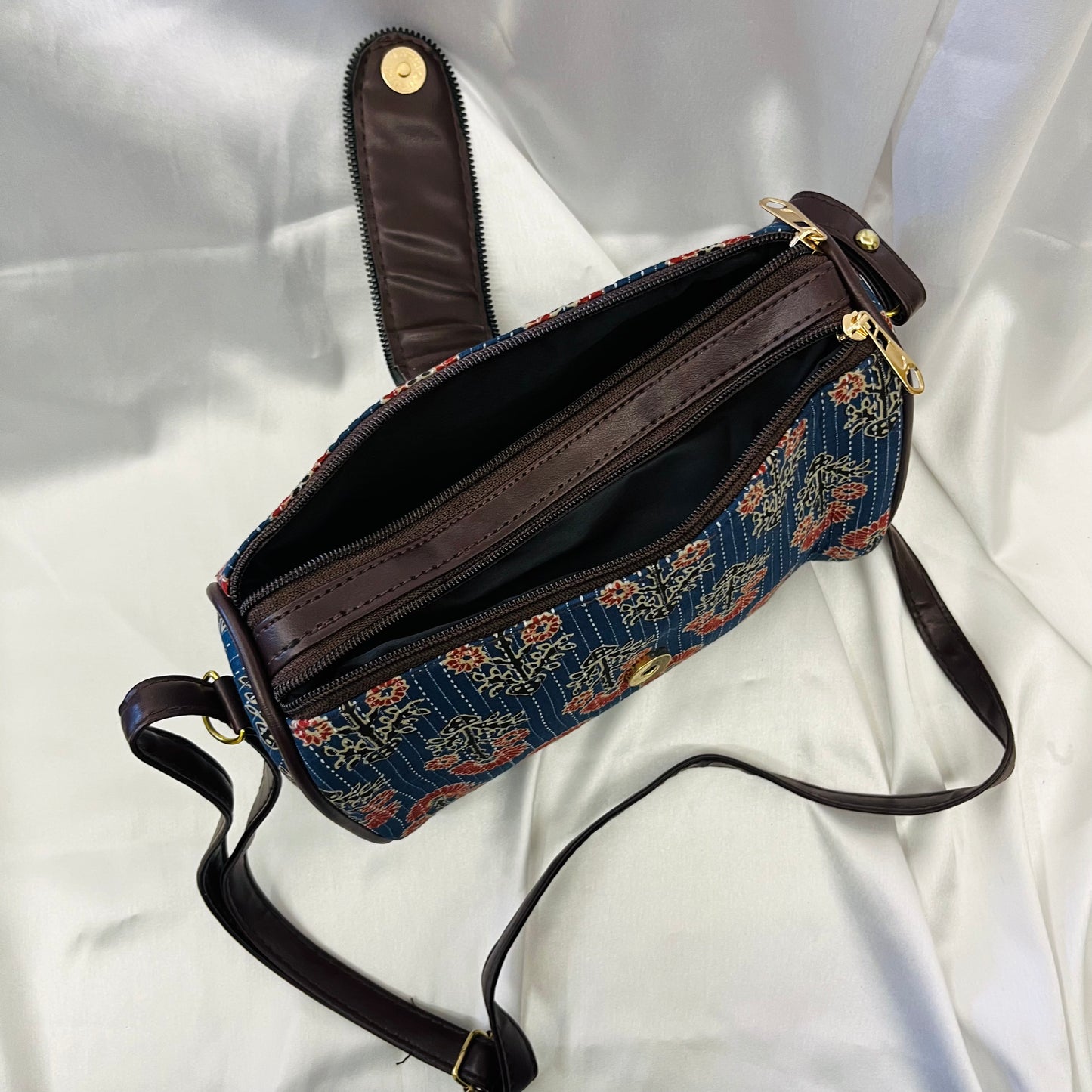 Blue & Red Floral Handblock Sling Bag