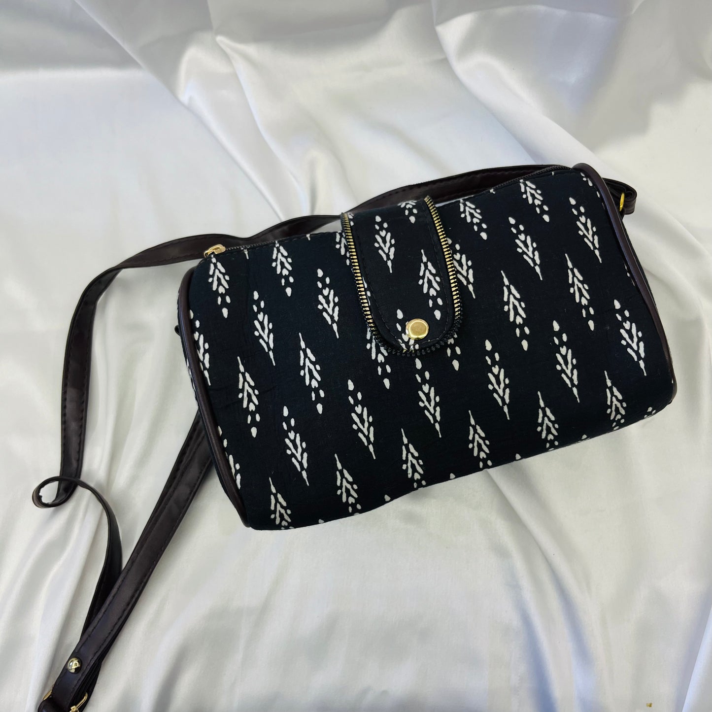 Black White Motif Handblock Printed Sling Bag
