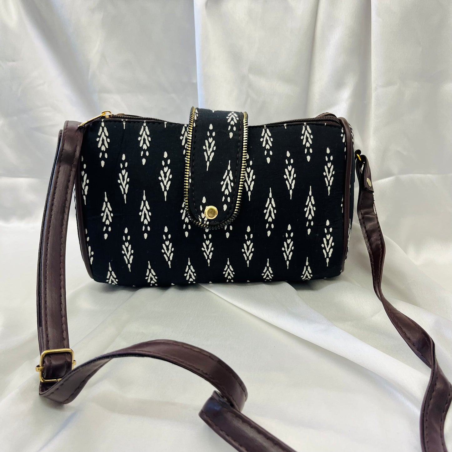 Black White Motif Handblock Printed Sling Bag