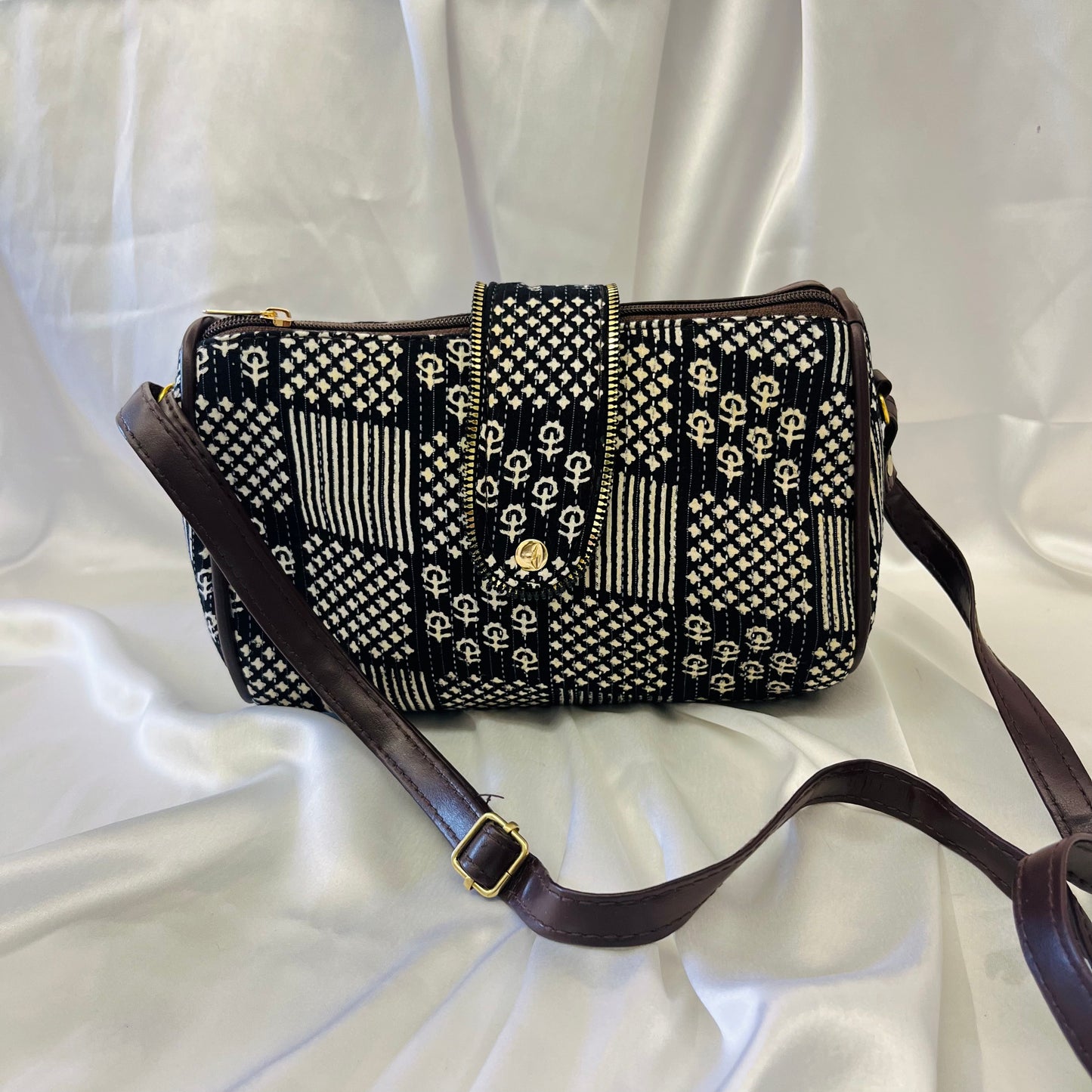 Black & White Patchwork Handblock Sling Bag