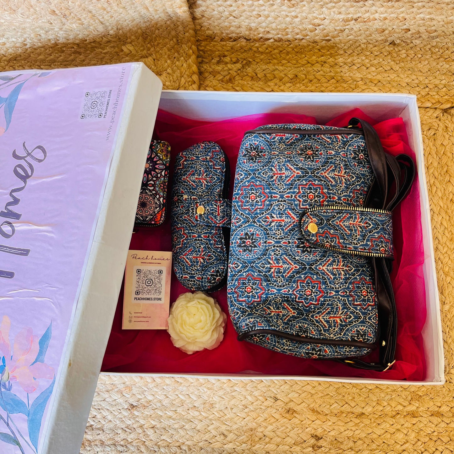 The Indigo Charm Hamper- Handblock Printed Blue Sling with Matching Goggle Case, Wallet & Free Scented Candle