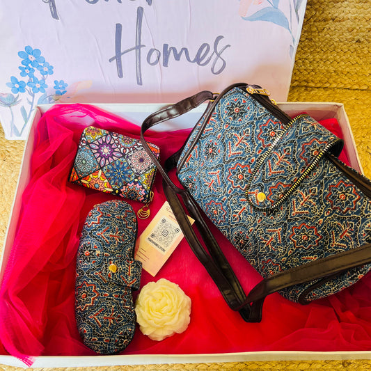 The Indigo Charm Hamper- Handblock Printed Blue Sling with Matching Goggle Case, Wallet & Free Scented Candle