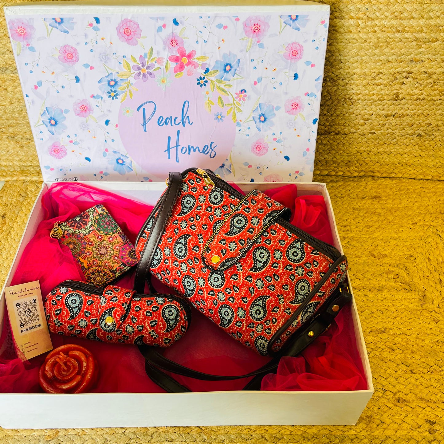 The Scarlet Bloom Hamper- Handblock Printed Red Sling with Matching Goggle Case, Wallet & Free Scented Candle
