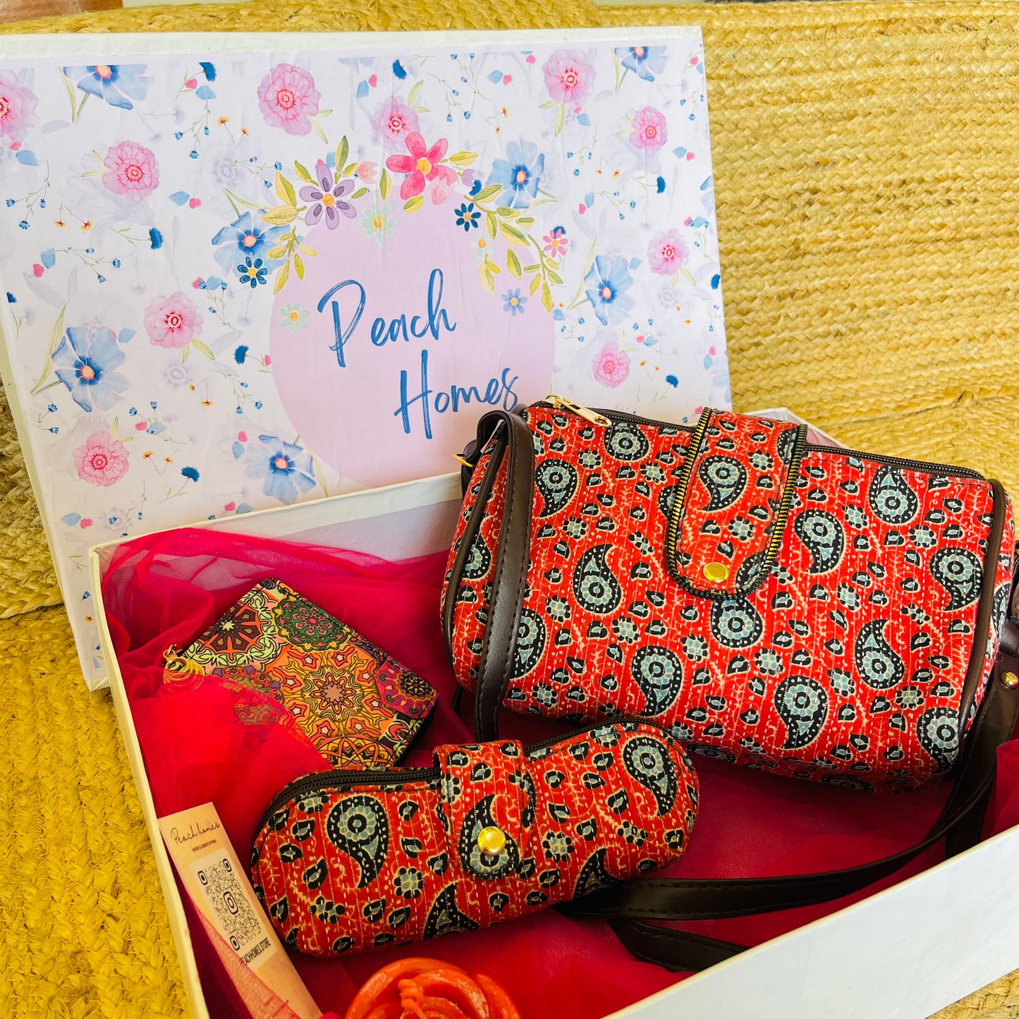 The Scarlet Bloom Hamper- Handblock Printed Red Sling with Matching Goggle Case, Wallet & Free Scented Candle