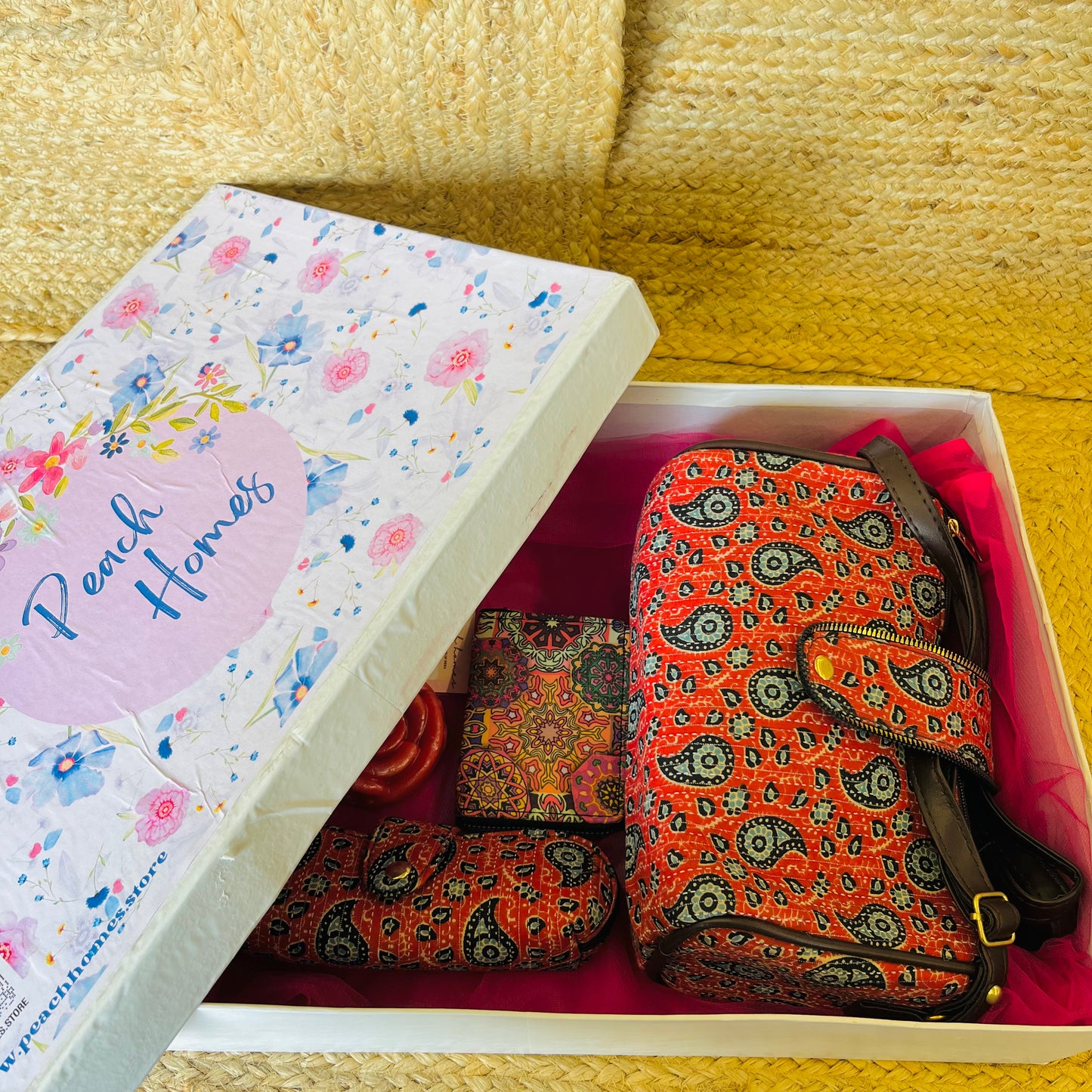 The Scarlet Bloom Hamper- Handblock Printed Red Sling with Matching Goggle Case, Wallet & Free Scented Candle