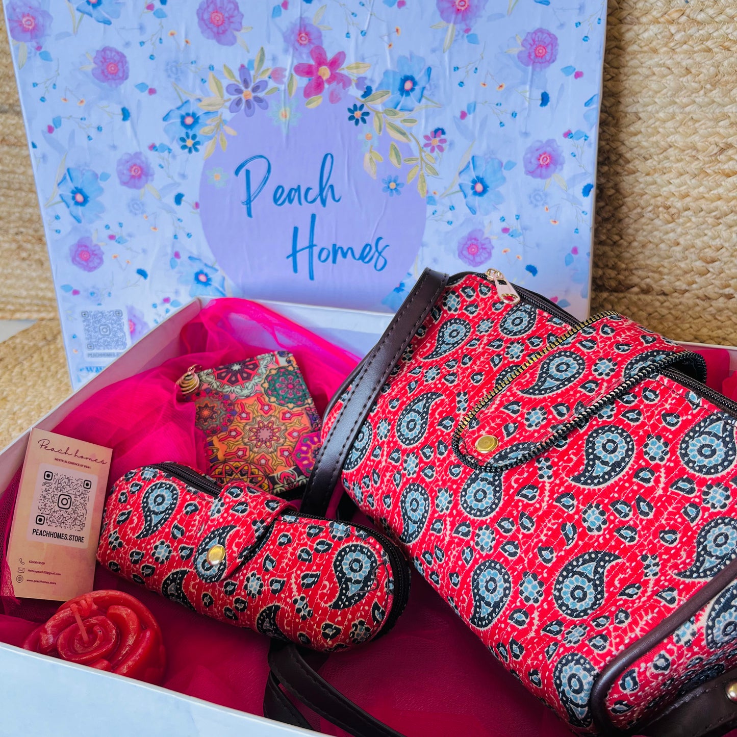 The Scarlet Bloom Hamper- Handblock Printed Red Sling with Matching Goggle Case, Wallet & Free Scented Candle