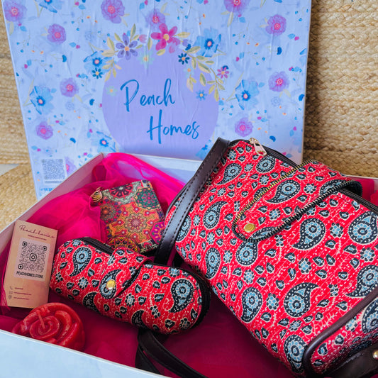 The Scarlet Bloom Hamper- Handblock Printed Red Sling with Matching Goggle Case, Wallet & Free Scented Candle