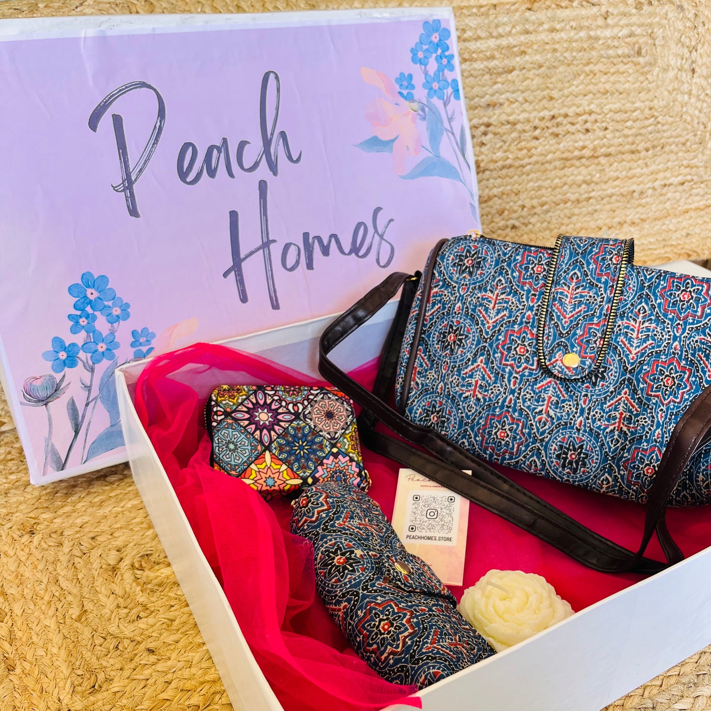 The Indigo Charm Hamper- Handblock Printed Blue Sling with Matching Goggle Case, Wallet & Free Scented Candle