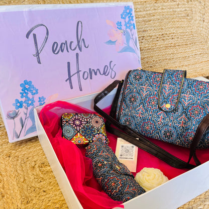 The Indigo Charm Hamper- Handblock Printed Blue Sling with Matching Goggle Case, Wallet & Free Scented Candle