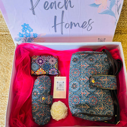 The Indigo Charm Hamper- Handblock Printed Blue Sling with Matching Goggle Case, Wallet & Free Scented Candle