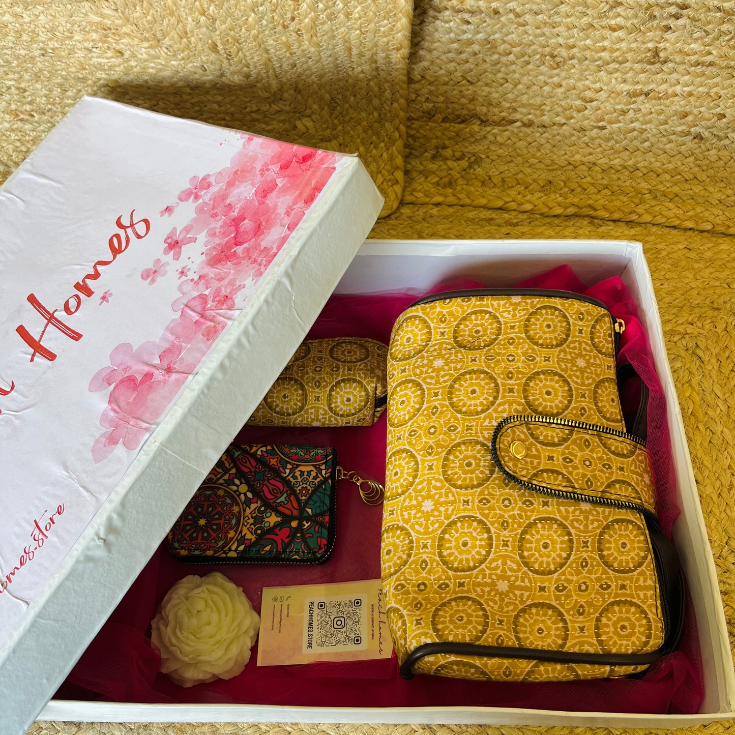 The Sunshine Chic Gift Hamper - Handblock Printed Sling with Matching Goggle Case, Wallet & Free Scented Candle