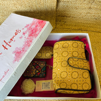 The Sunshine Chic Gift Hamper - Handblock Printed Sling with Matching Goggle Case, Wallet & Free Scented Candle