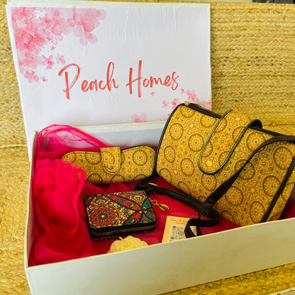 The Sunshine Chic Gift Hamper - Handblock Printed Sling with Matching Goggle Case, Wallet & Free Scented Candle