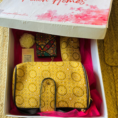 The Sunshine Chic Gift Hamper - Handblock Printed Sling with Matching Goggle Case, Wallet & Free Scented Candle