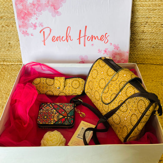 The Sunshine Chic Gift Hamper - Handblock Printed Sling with Matching Goggle Case, Wallet & Free Scented Candle