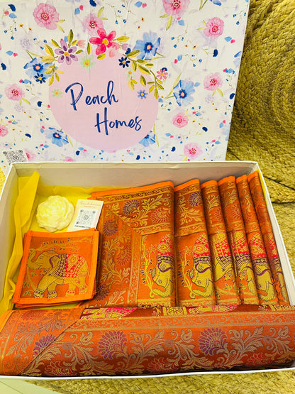 The Royal Saffron Runner Set| Orange Banarasi Silk Dining Hamper