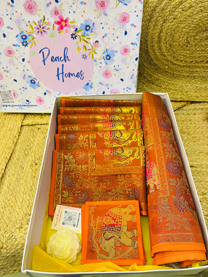 The Royal Saffron Runner Set| Orange Banarasi Silk Dining Hamper
