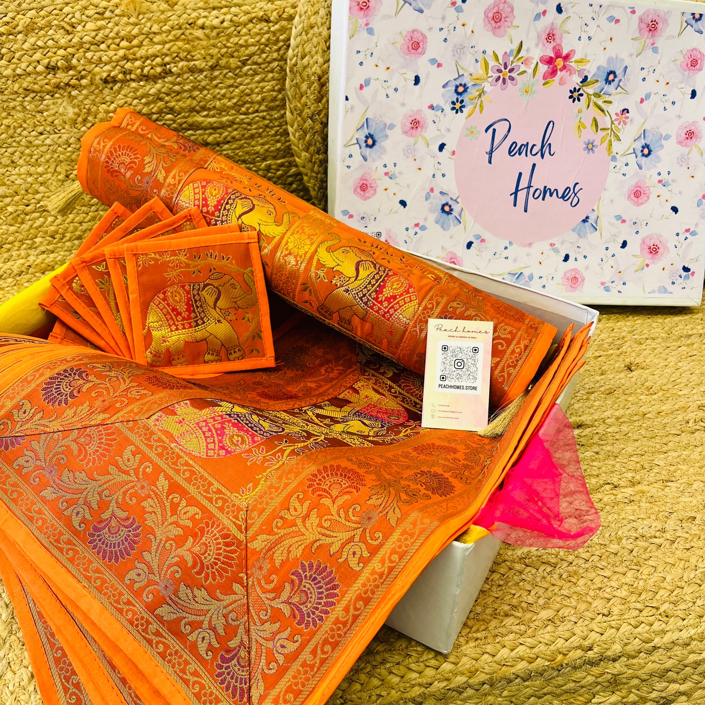 The Royal Saffron Runner Set| Orange Banarasi Silk Dining Hamper