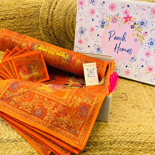 The Royal Saffron Runner Set| Orange Banarasi Silk Dining Hamper