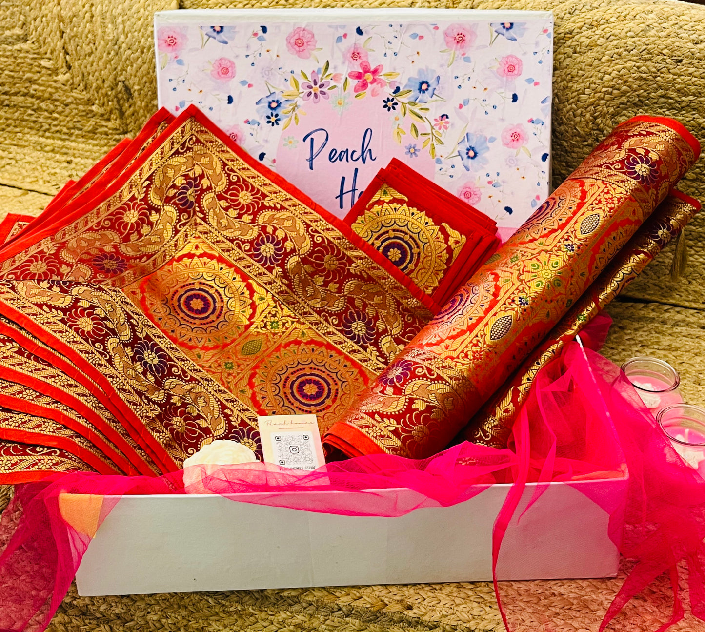 The Crimson Regal Runner Set |  Red Banarasi Silk Dining Hamper