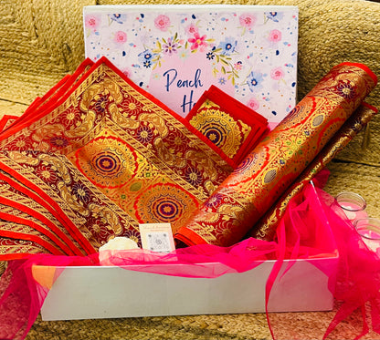 The Crimson Regal Runner Set |  Red Banarasi Silk Dining Hamper