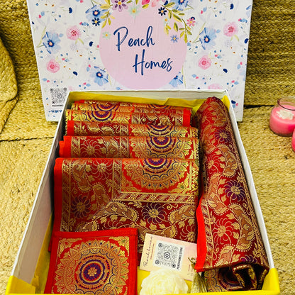 The Crimson Regal Runner Set |  Red Banarasi Silk Dining Hamper