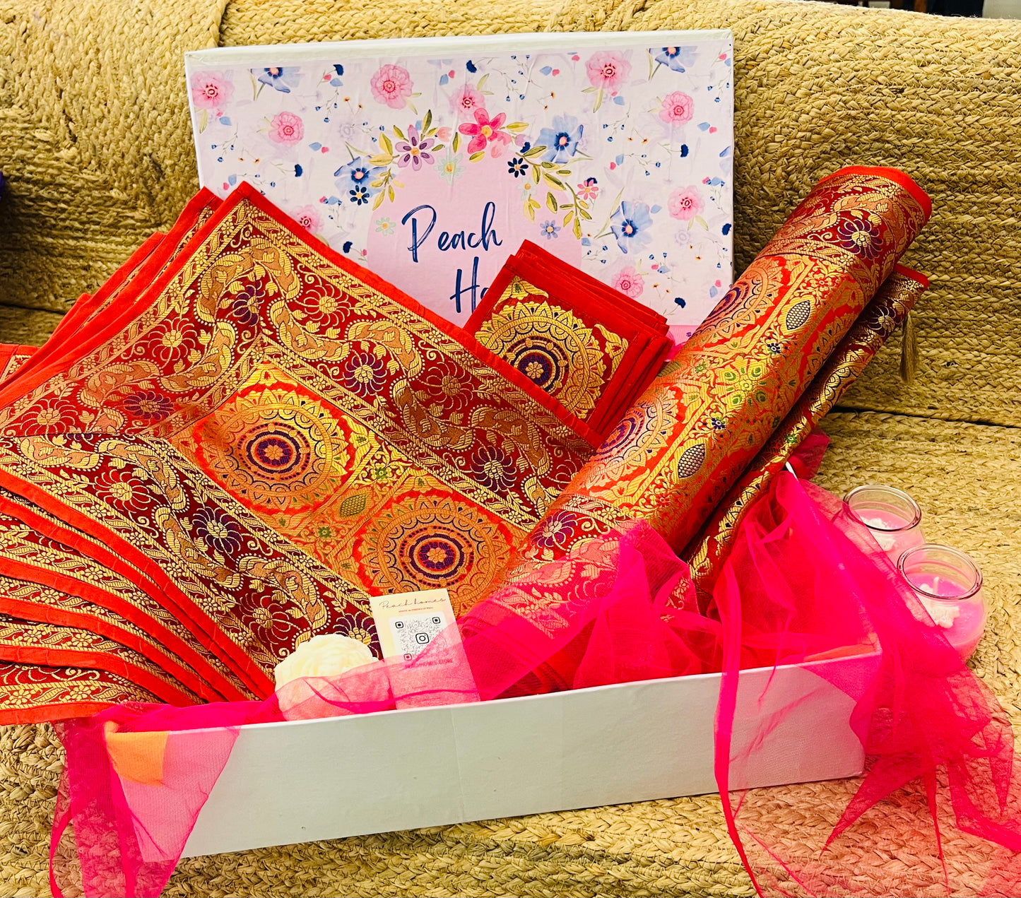 The Crimson Regal Runner Set |  Red Banarasi Silk Dining Hamper