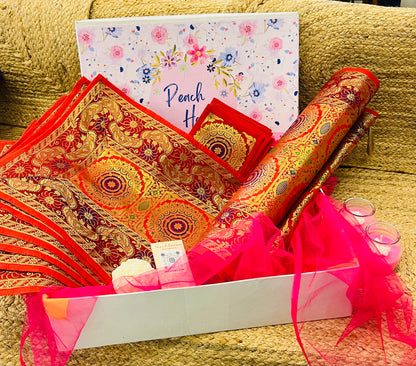 The Crimson Regal Runner Set |  Red Banarasi Silk Dining Hamper