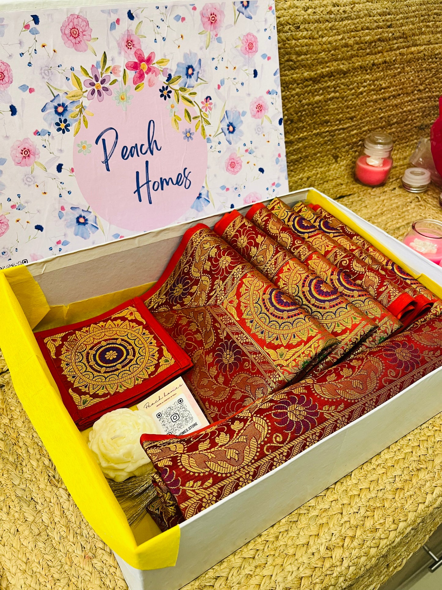 The Crimson Regal Runner Set |  Red Banarasi Silk Dining Hamper