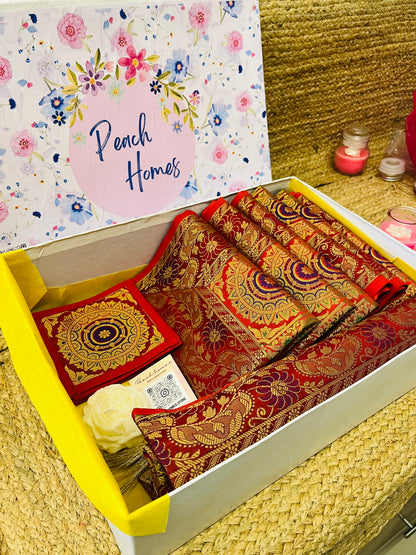 The Crimson Regal Runner Set |  Red Banarasi Silk Dining Hamper