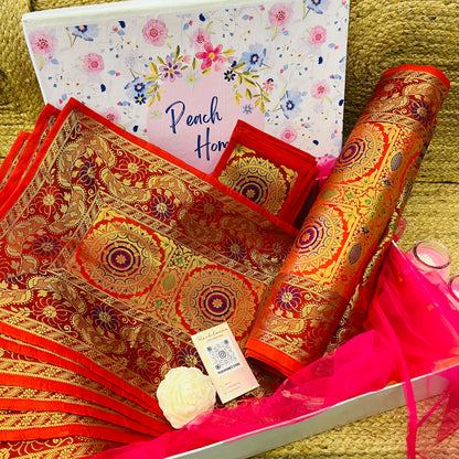 The Crimson Regal Runner Set |  Red Banarasi Silk Dining Hamper