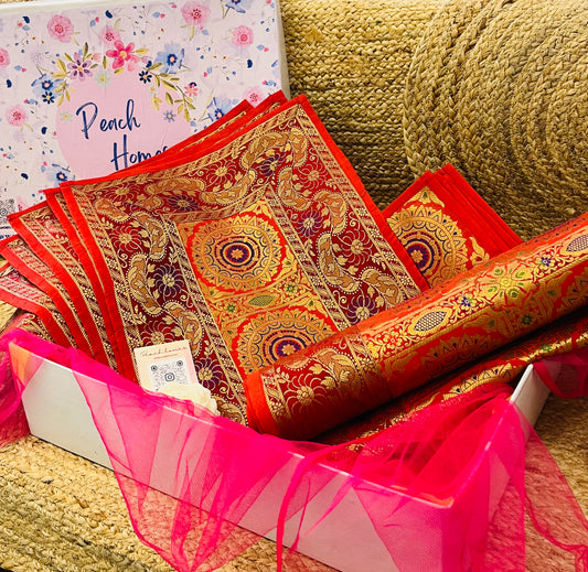 The Crimson Regal Runner Set |  Red Banarasi Silk Dining Hamper