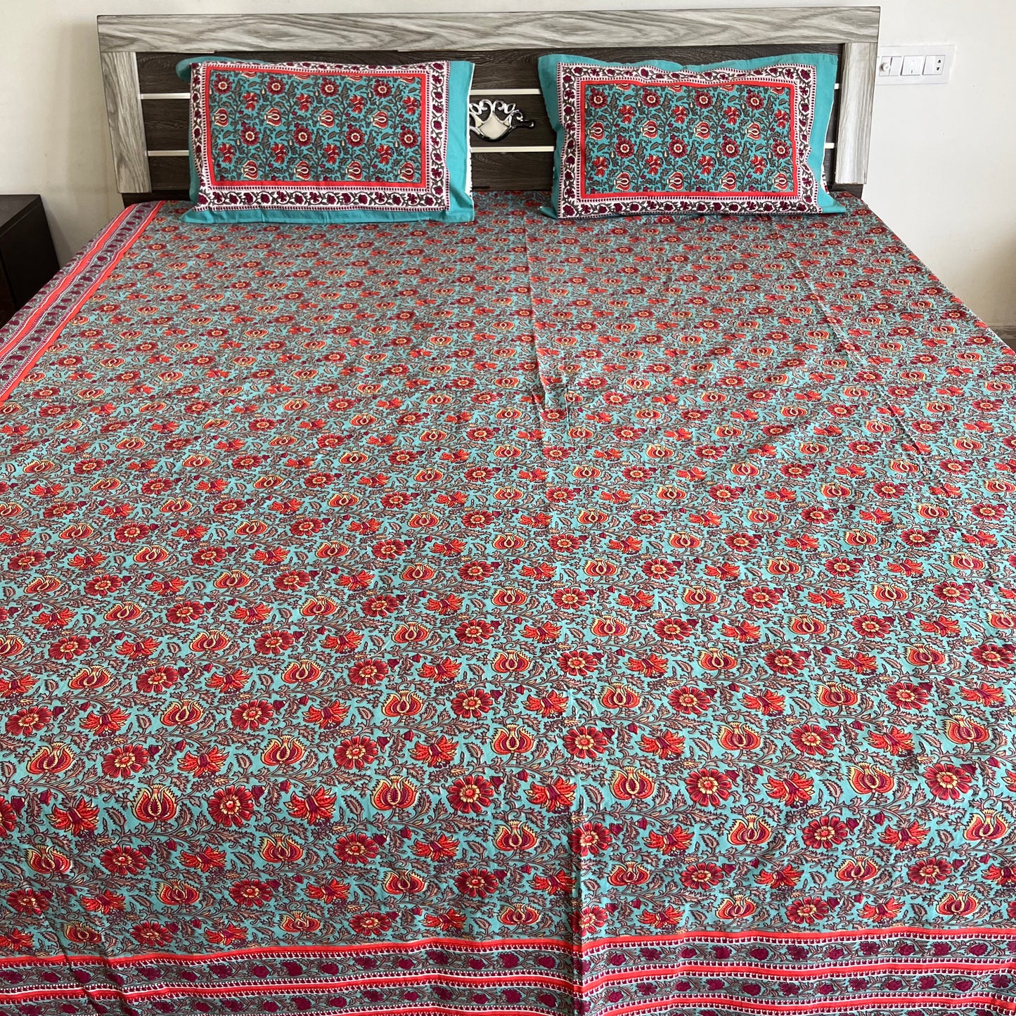 Indigo Blue Floral  Handblock Cotton Bedsheet