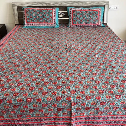 Indigo Blue Floral  Handblock Cotton Bedsheet