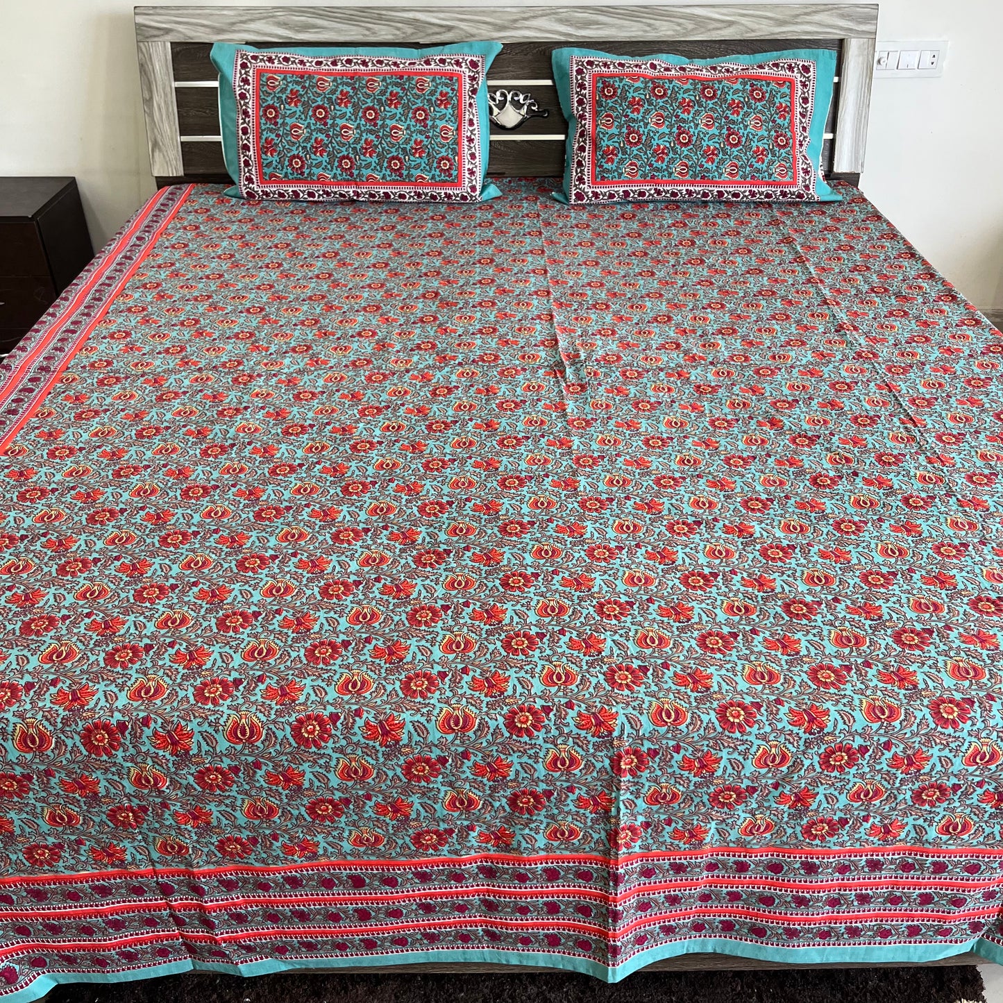 Indigo Blue Floral  Handblock Cotton Bedsheet